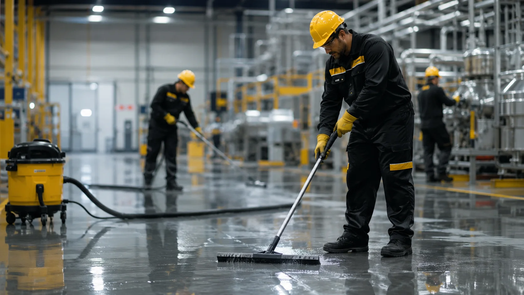 Personal realizando limpieza industrial en área operativa