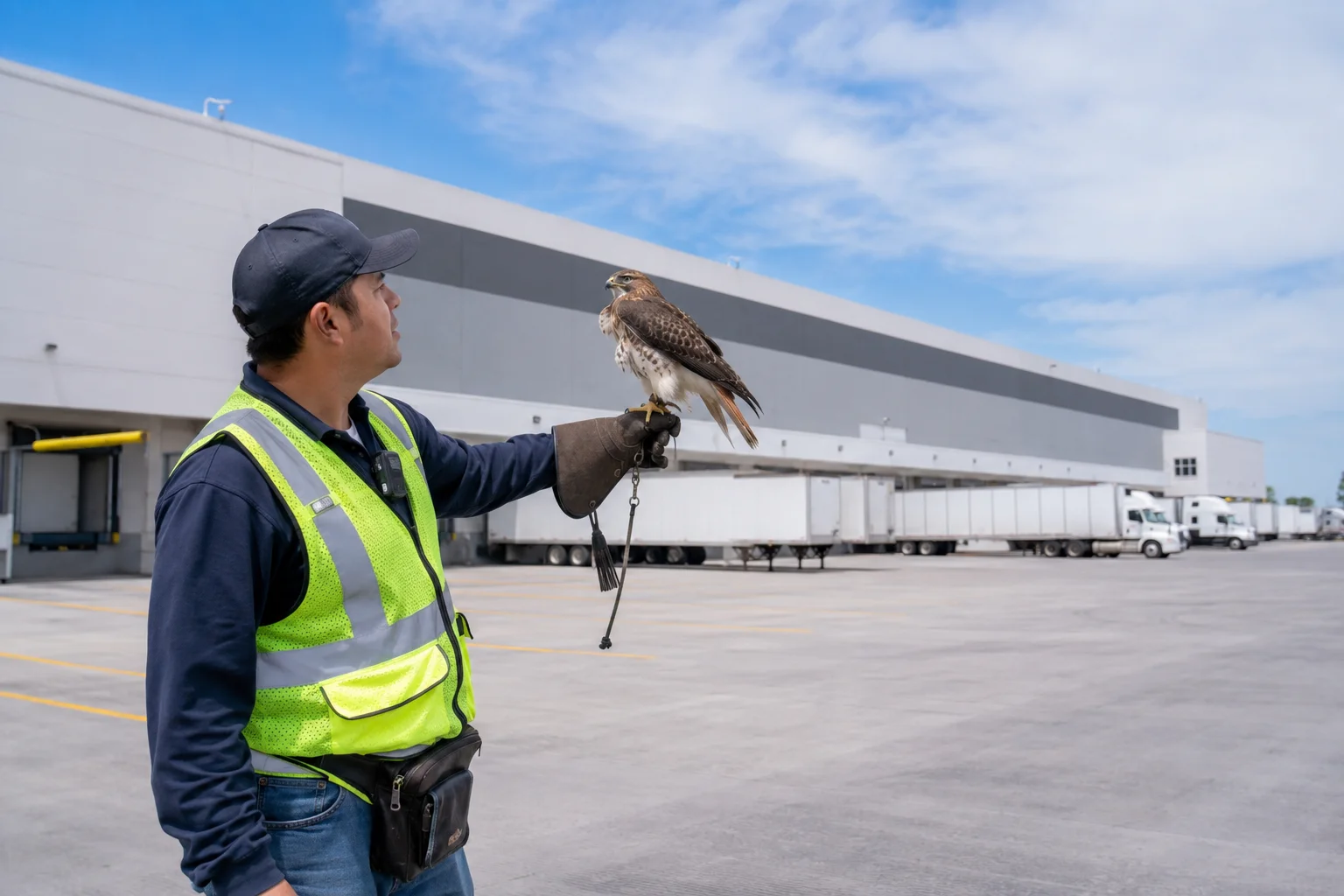Especialista en cetrería con un ave rapaz para control preventivo de aves